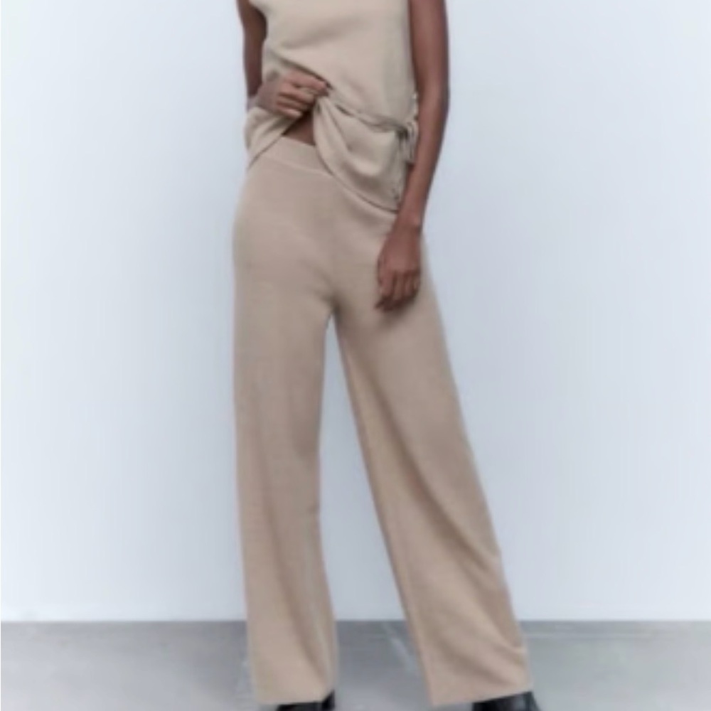Zara Beige Wide-Leg Knit Trousers Sz S
